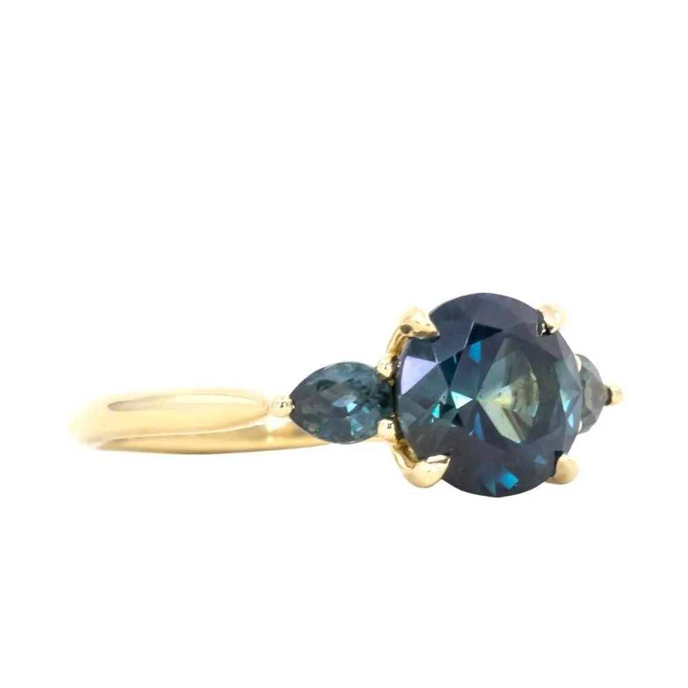 2.13ct Round Nigerian Sapphire and Pear Sapphire Three Stone Ring in 18K Yellow Gold