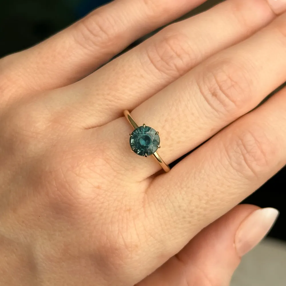 2.22ct Teal Round Madagascar Sapphire Lotus Solitaire in 14k Yellow Gold