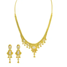 22K Multi Tone Gold Necklace & Earrings Set W/ Wide Royal Beaded Pendant & Hanging Gold Beads