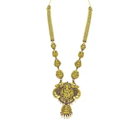 22K Yellow Gold Antique Necklace W/ Ruby & Pearl on Full Laxmi Pendant Design