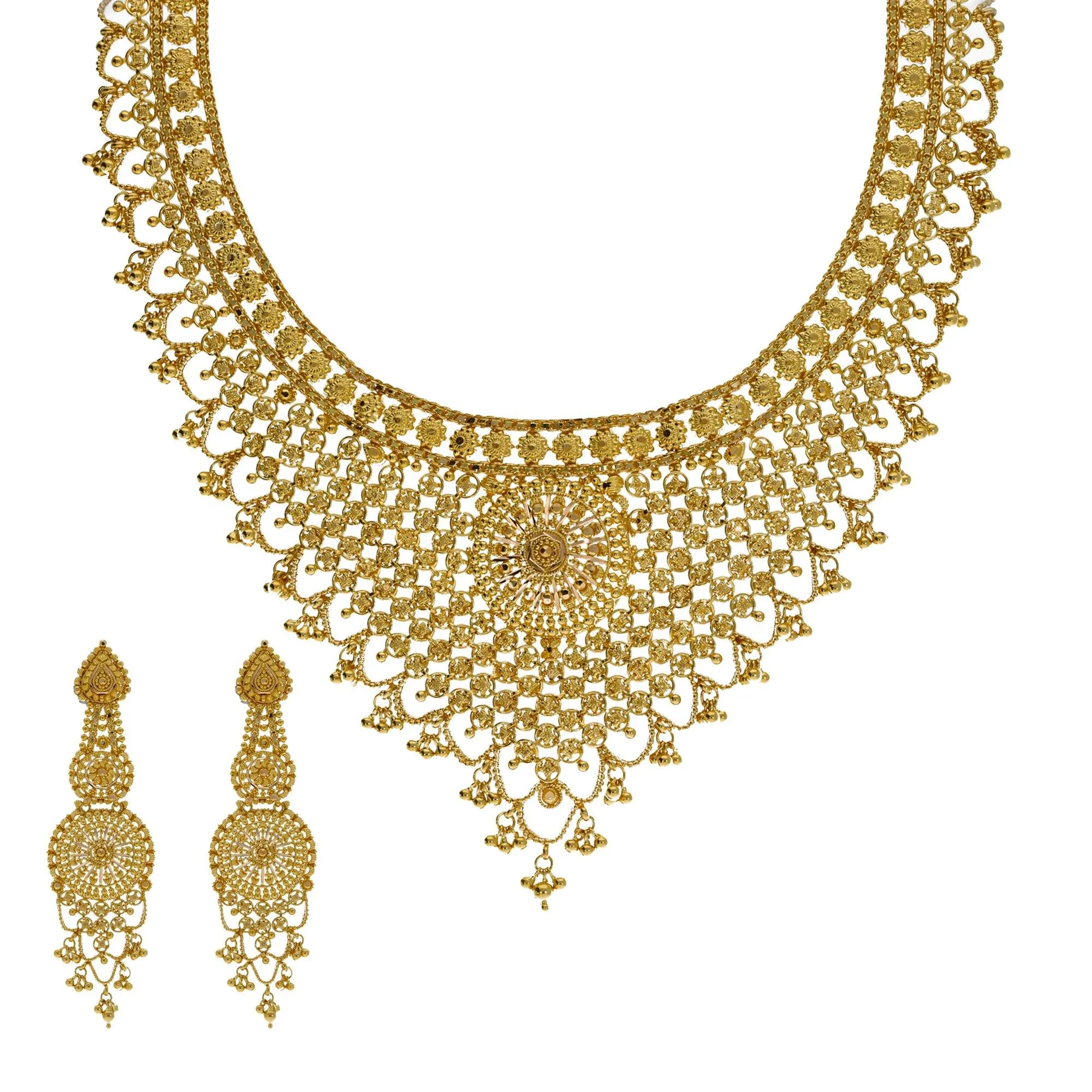 22K Yellow Gold Necklace & Earrings Set W/ Interlocked V-Stole Design