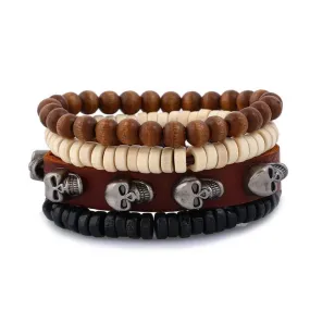 4 Pieces Brown Leather Stone and Wood Beads Skull Bracelet