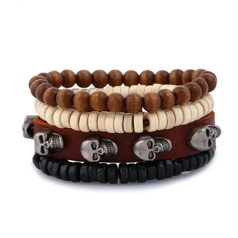 4 Pieces Brown Leather Stone and Wood Beads Skull Bracelet