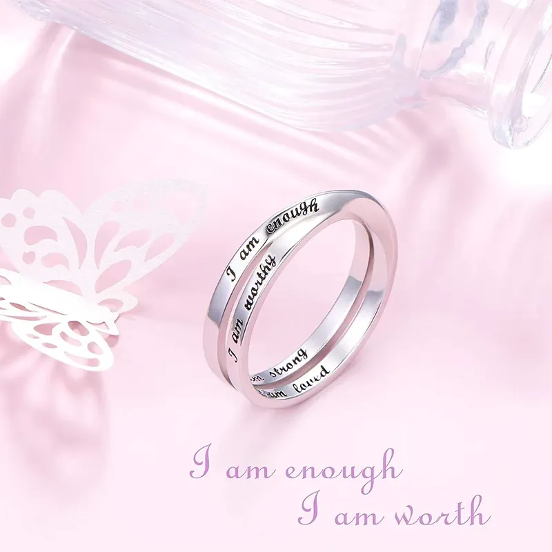 925 Sterling Silver Inspirational Ring I am Enough Rings I am String for Women Girls