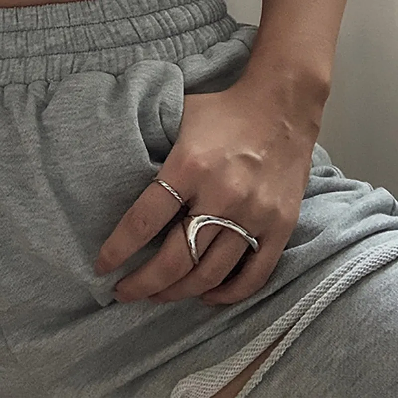 925 Sterling Silver Irregular Shape 2 Finger Ring