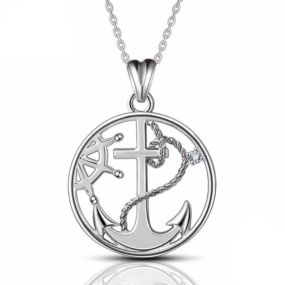 925 Sterling Silver Round Anchor and Rudder Pendant Necklace