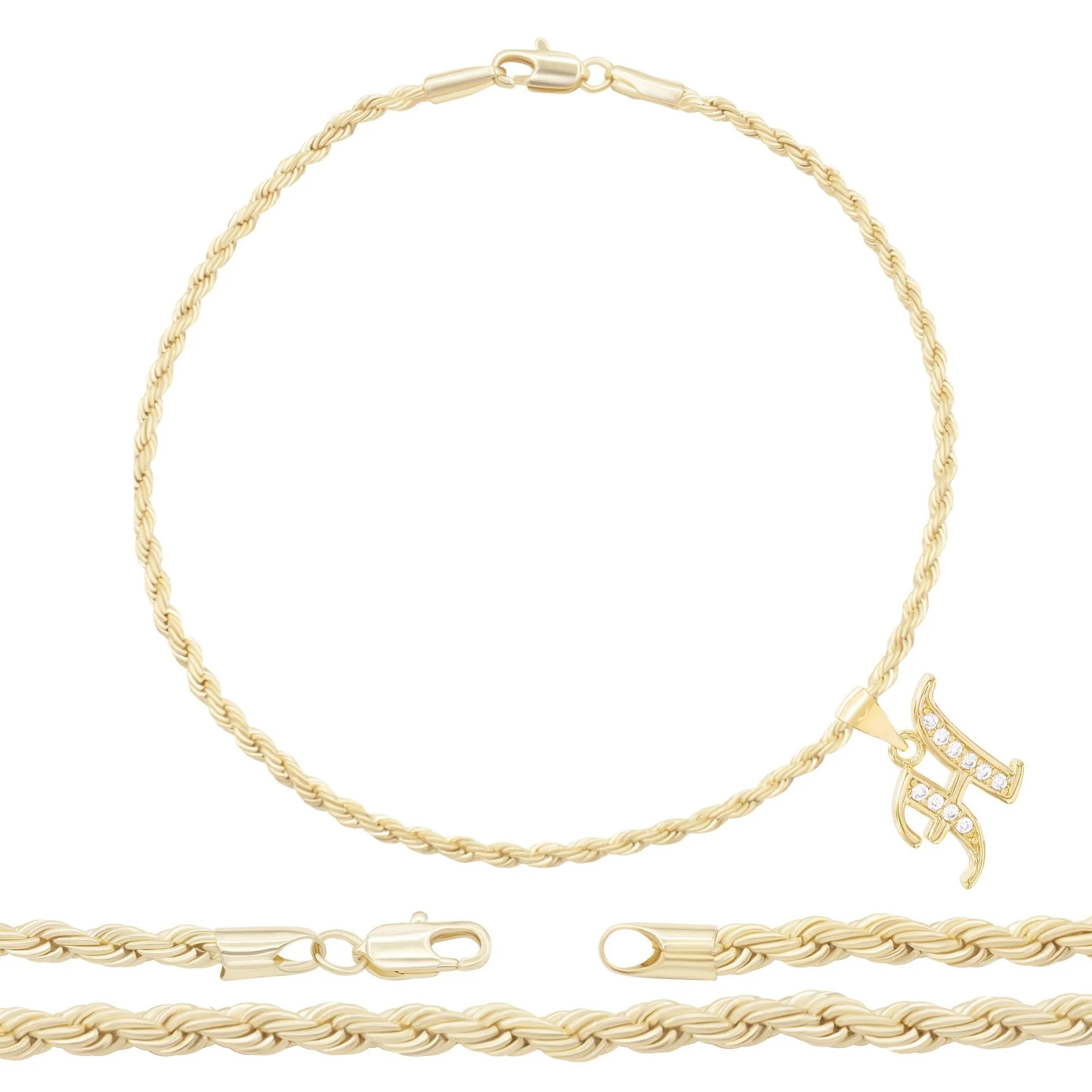 A-Z Initial Letter Pendant 14K Gold Filled Cubic Zirconia Rope Chain Anklet 10" Set CZ Charm Foot Bracelet 2.4 mm Female Women Girl