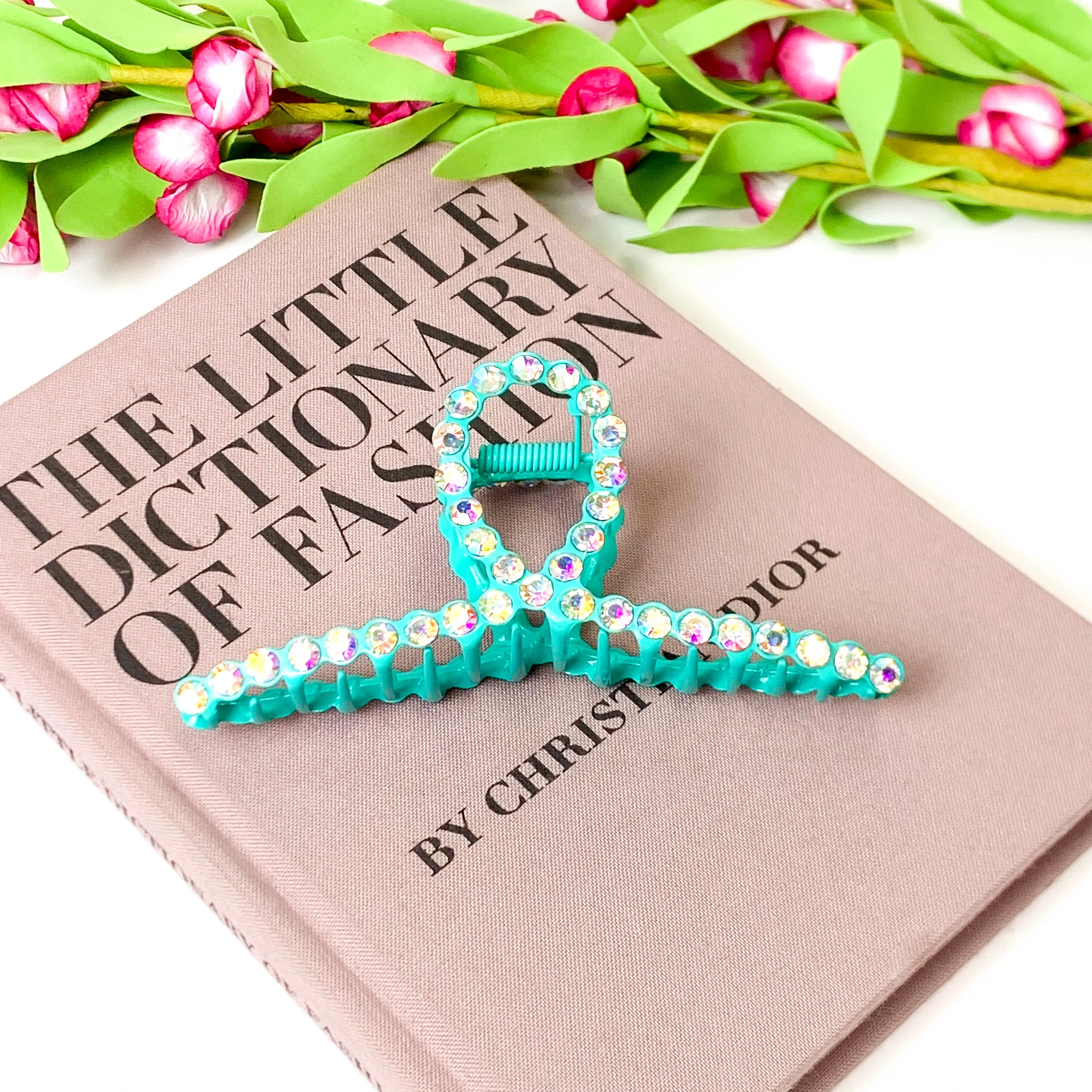 AB Rhinestone Embellished Loop Banana Metal Hair Clip in Turquoise