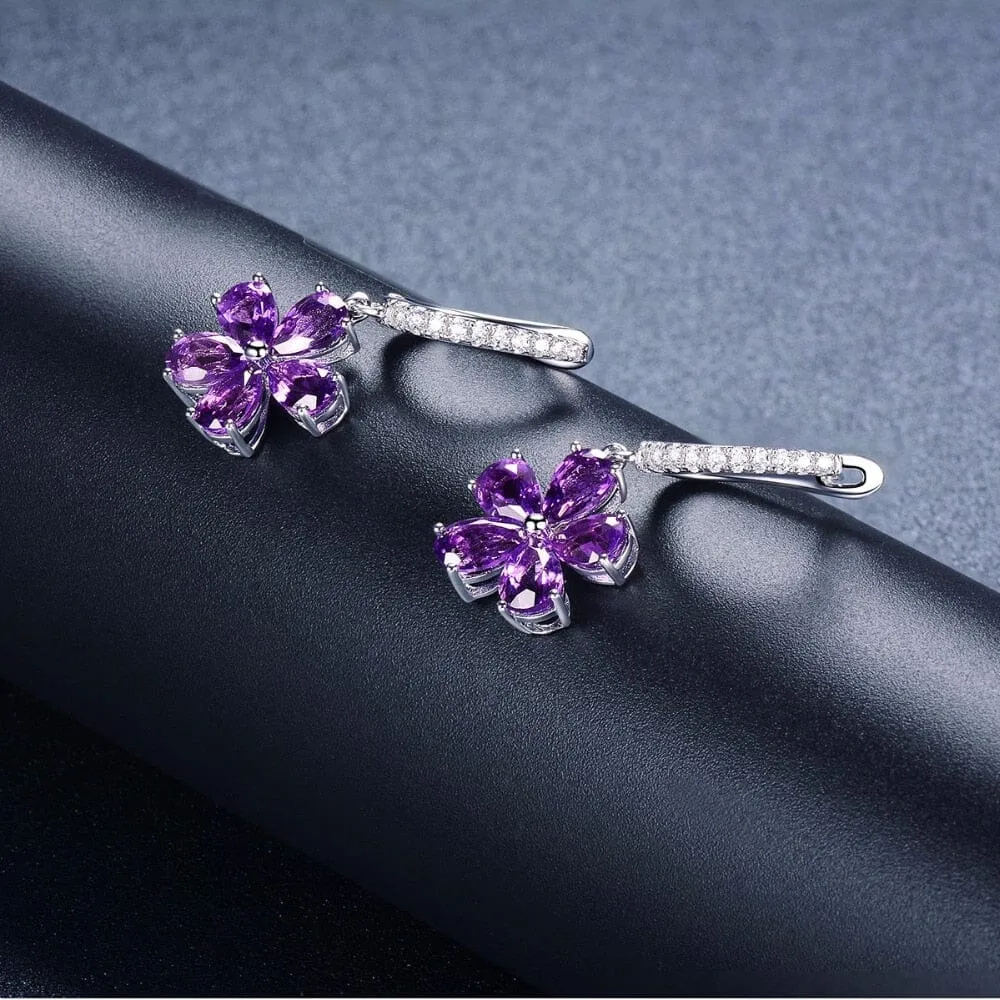 African Amethyst Flower Drop Earrings - 925 Sterling Silver