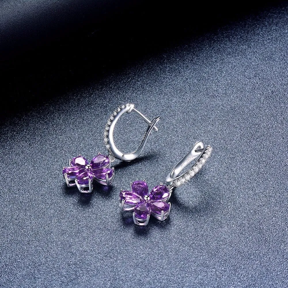 African Amethyst Flower Drop Earrings - 925 Sterling Silver