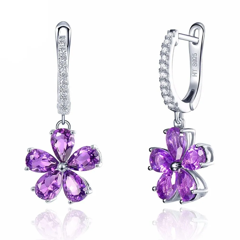 African Amethyst Flower Drop Earrings - 925 Sterling Silver