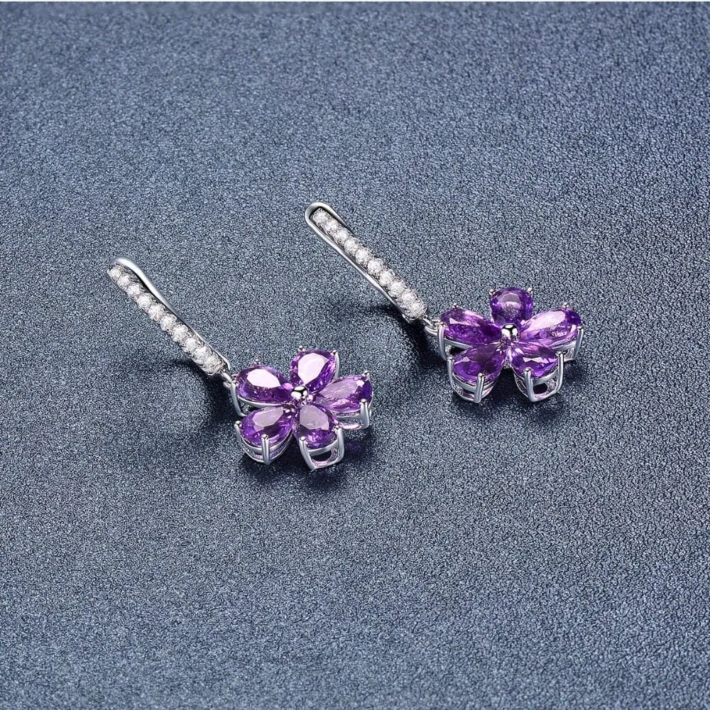 African Amethyst Flower Drop Earrings - 925 Sterling Silver