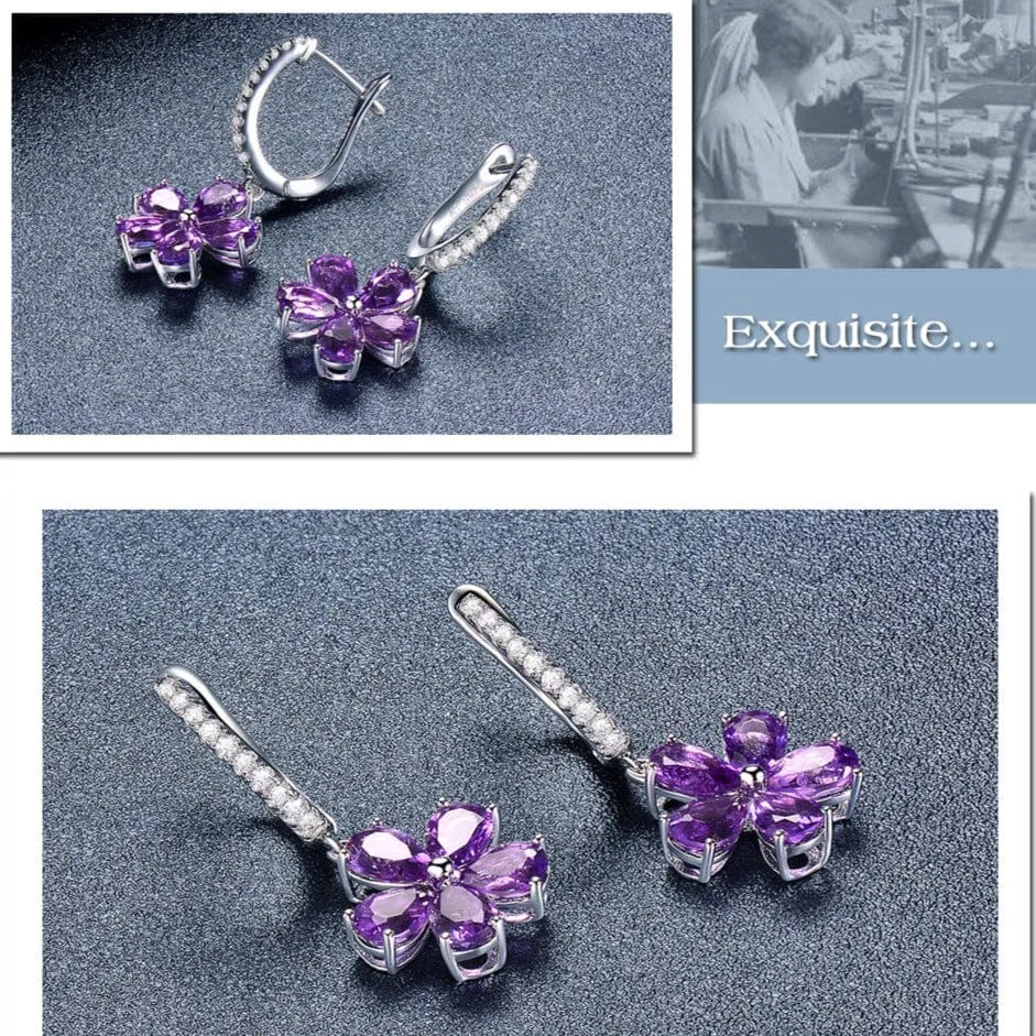 African Amethyst Flower Drop Earrings - 925 Sterling Silver