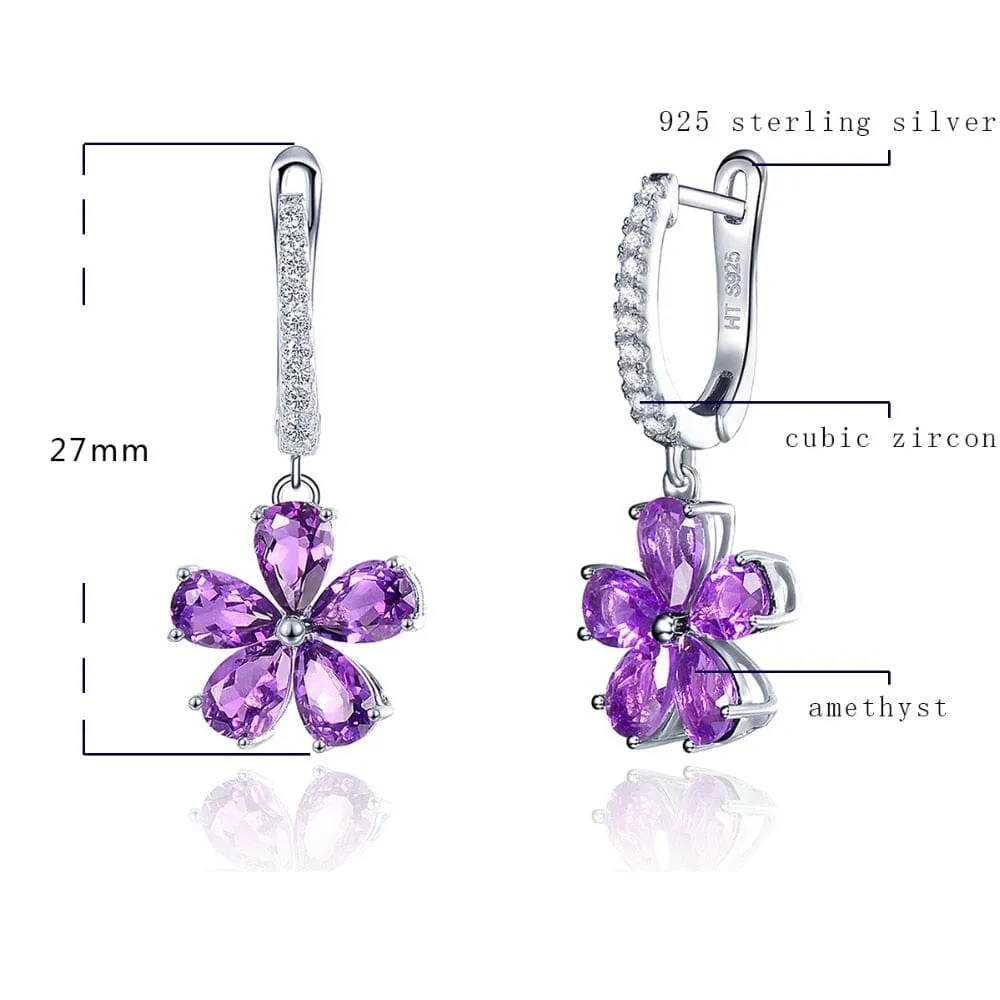 African Amethyst Flower Drop Earrings - 925 Sterling Silver