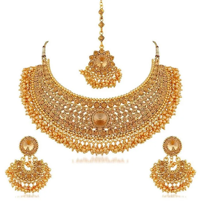 Alloy Necklace with Earrings and Maang Tikka in Gold