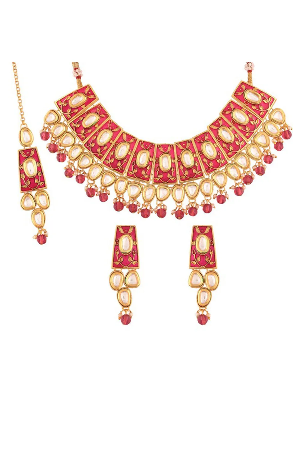 Alloy Necklace with Earrings and Maang Tikka in Pink