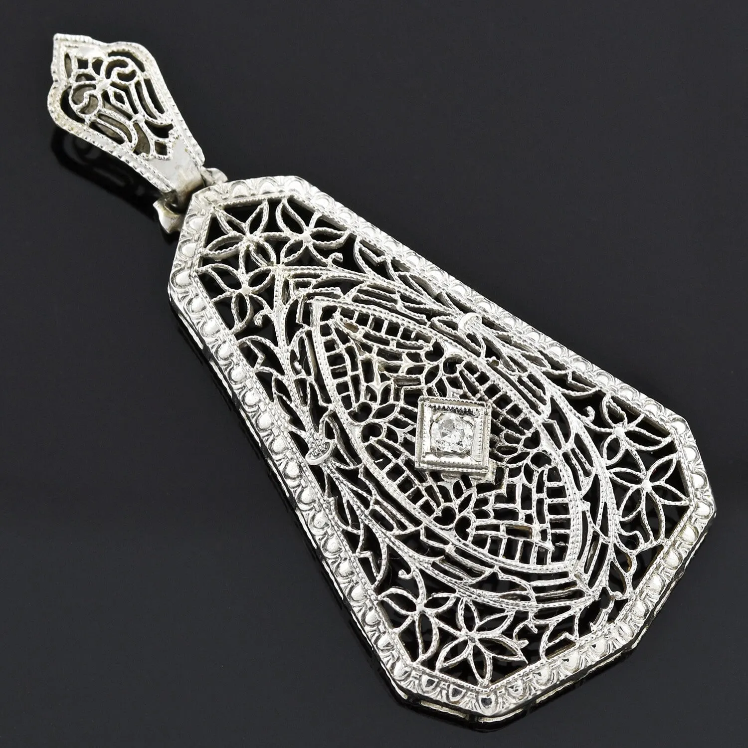 Art Deco Large 14kt Diamond Filigree Pendant