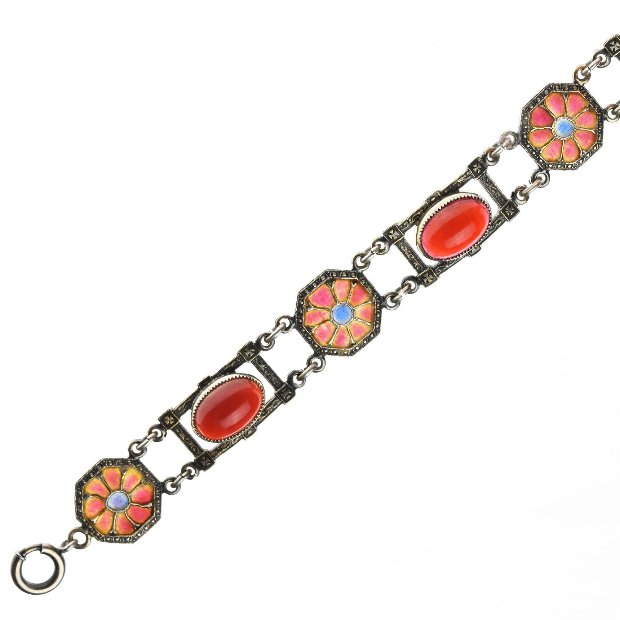 Art Nouveau Plique a Jour Silver Carnelian Bracelet