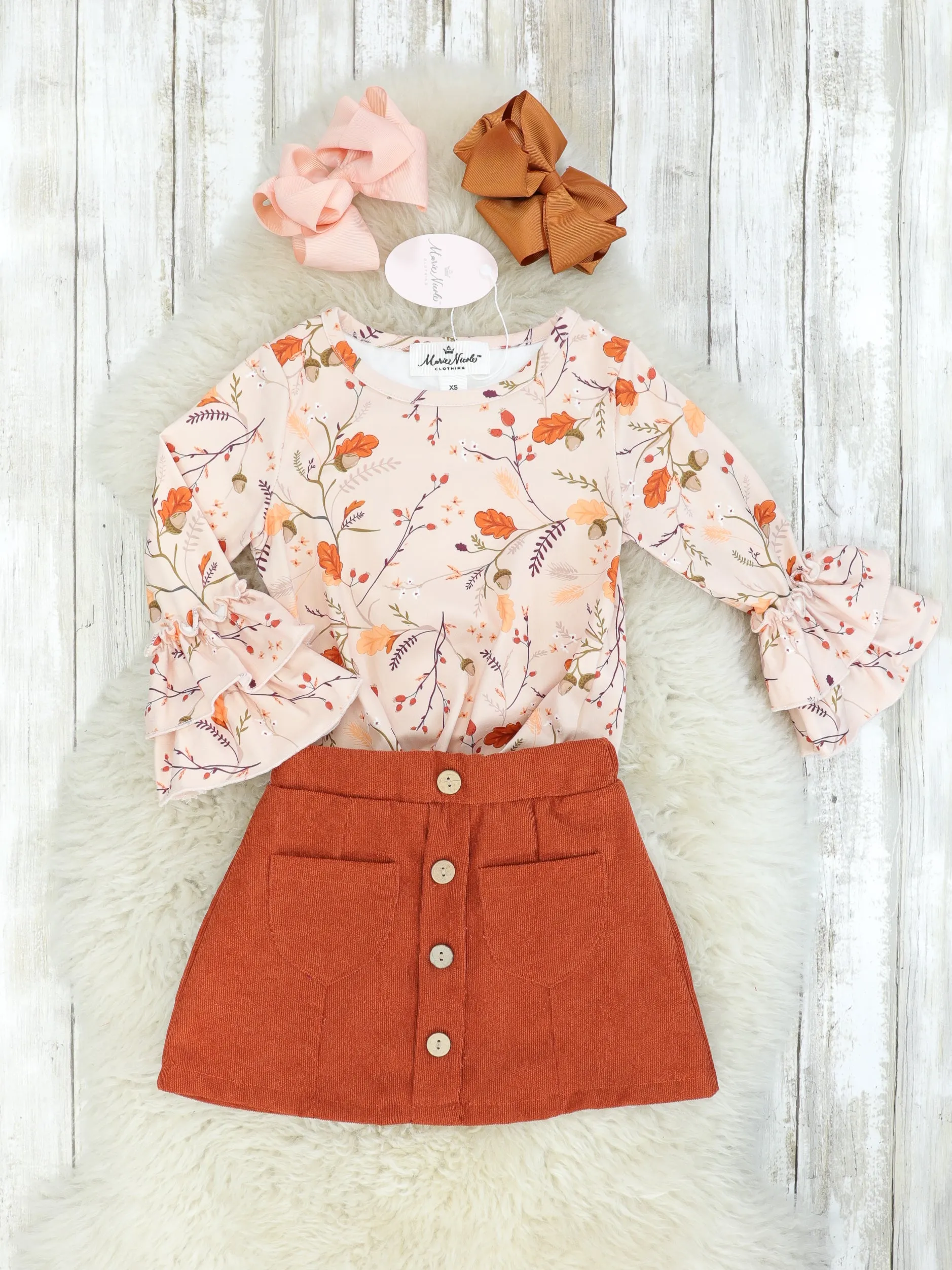 Autumn Botanic Ruffle Sleeve Top & Brown Pocket Skirt