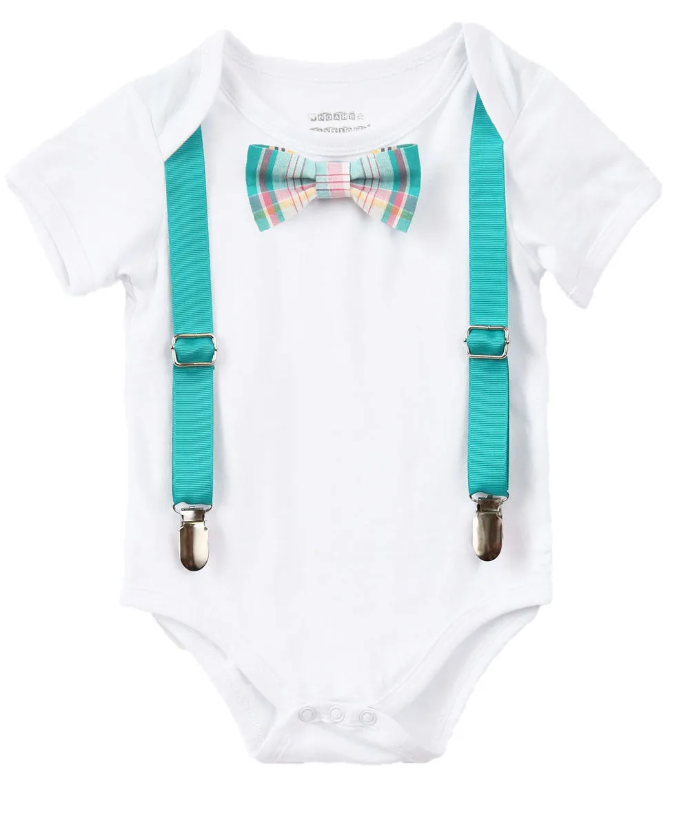 Baby Boy Clothes With Tie and Suspenders Teal/Pink Plaid Pattern