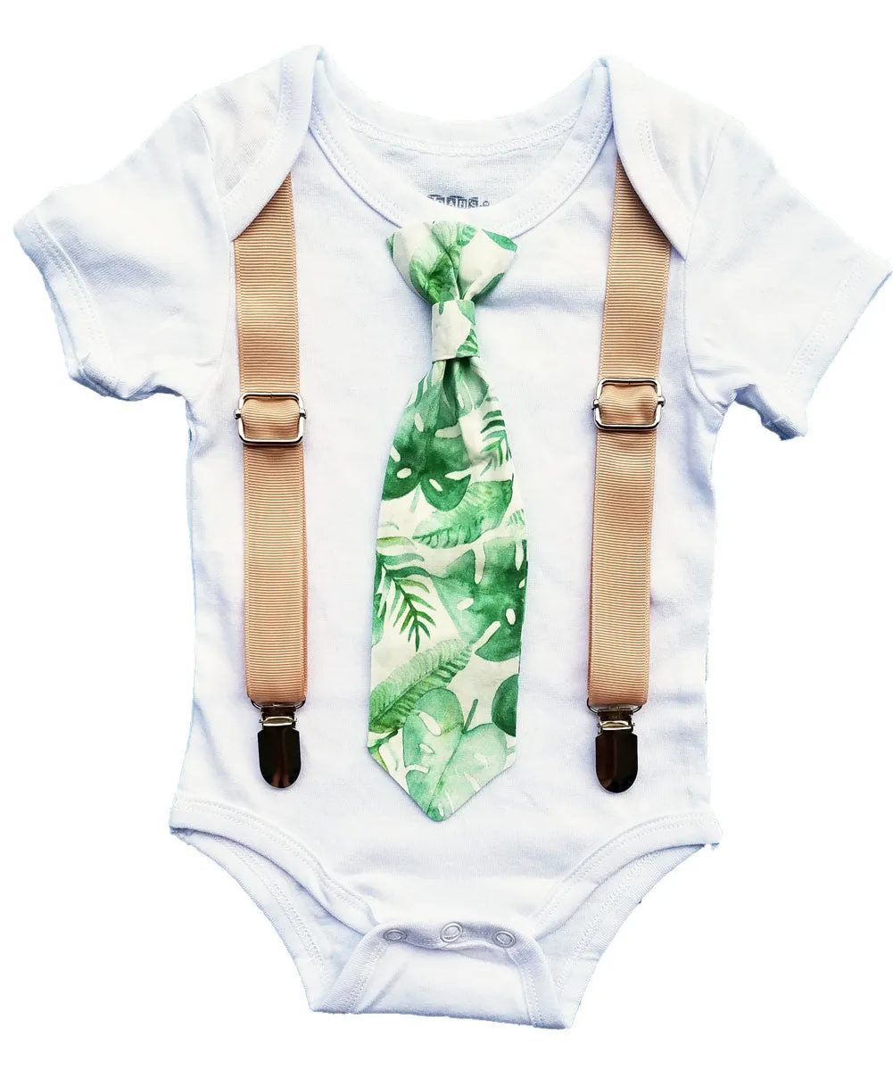 Baby Boy Summer Outfit Palm Leaf Tie and Suspenders Green and White