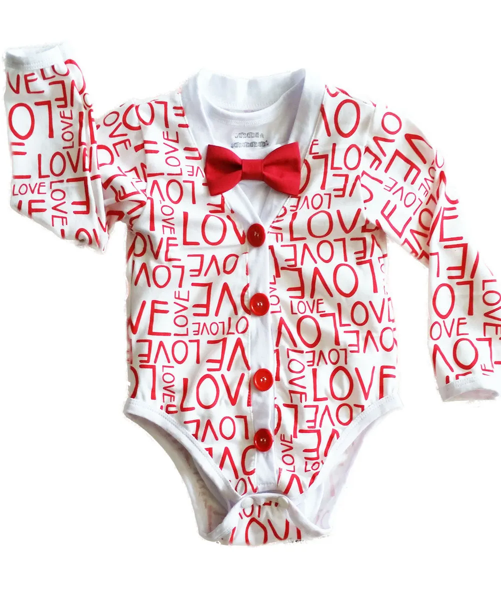 Baby Boy Valentines Day Love Cardigan Bodysuit with Red Bow Tie