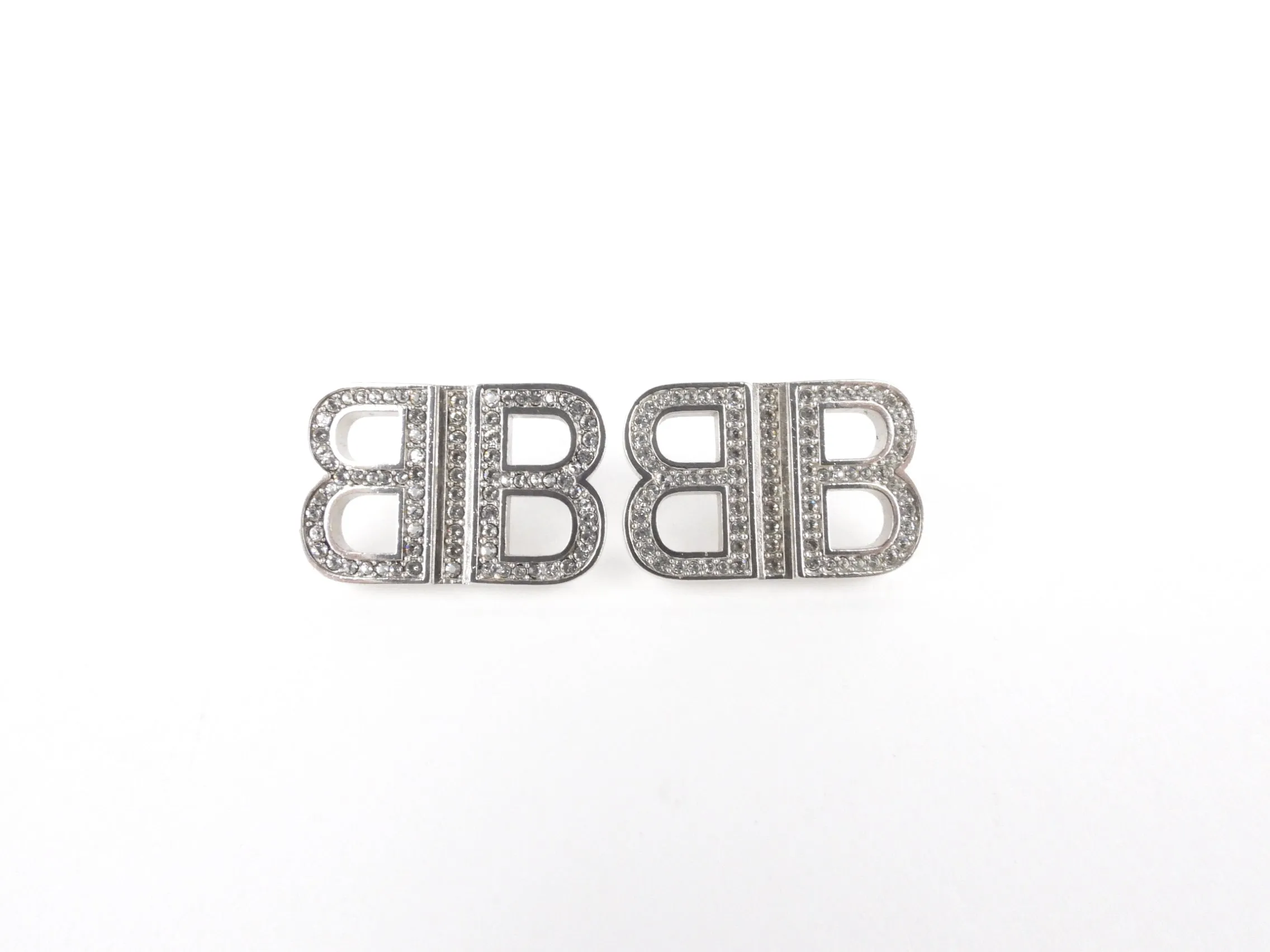 Balenciaga Silver Crystal Embellished Monogram Logo Stud Earrings