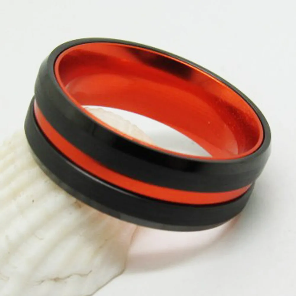 Black Beveled and Orange-Plated Tungsten Fashion Wedding Band