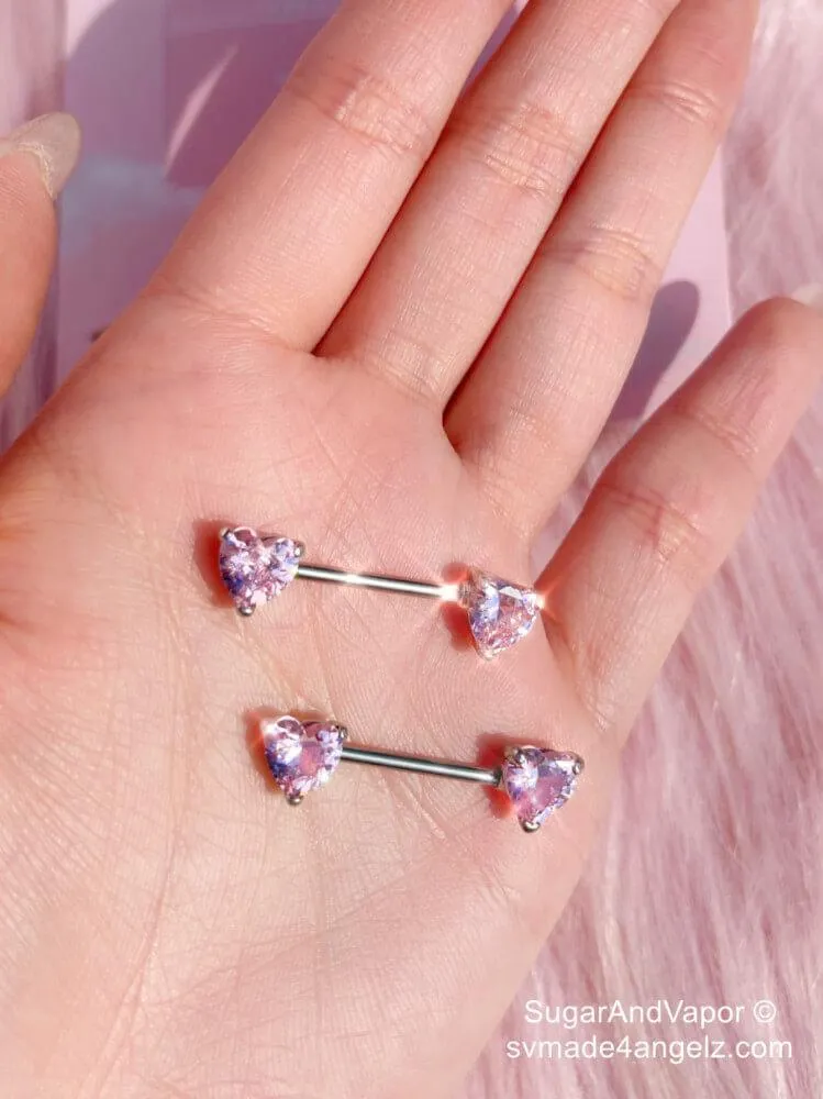 Bling Pink Hearts Crystals Barbell Nipple Rings Set