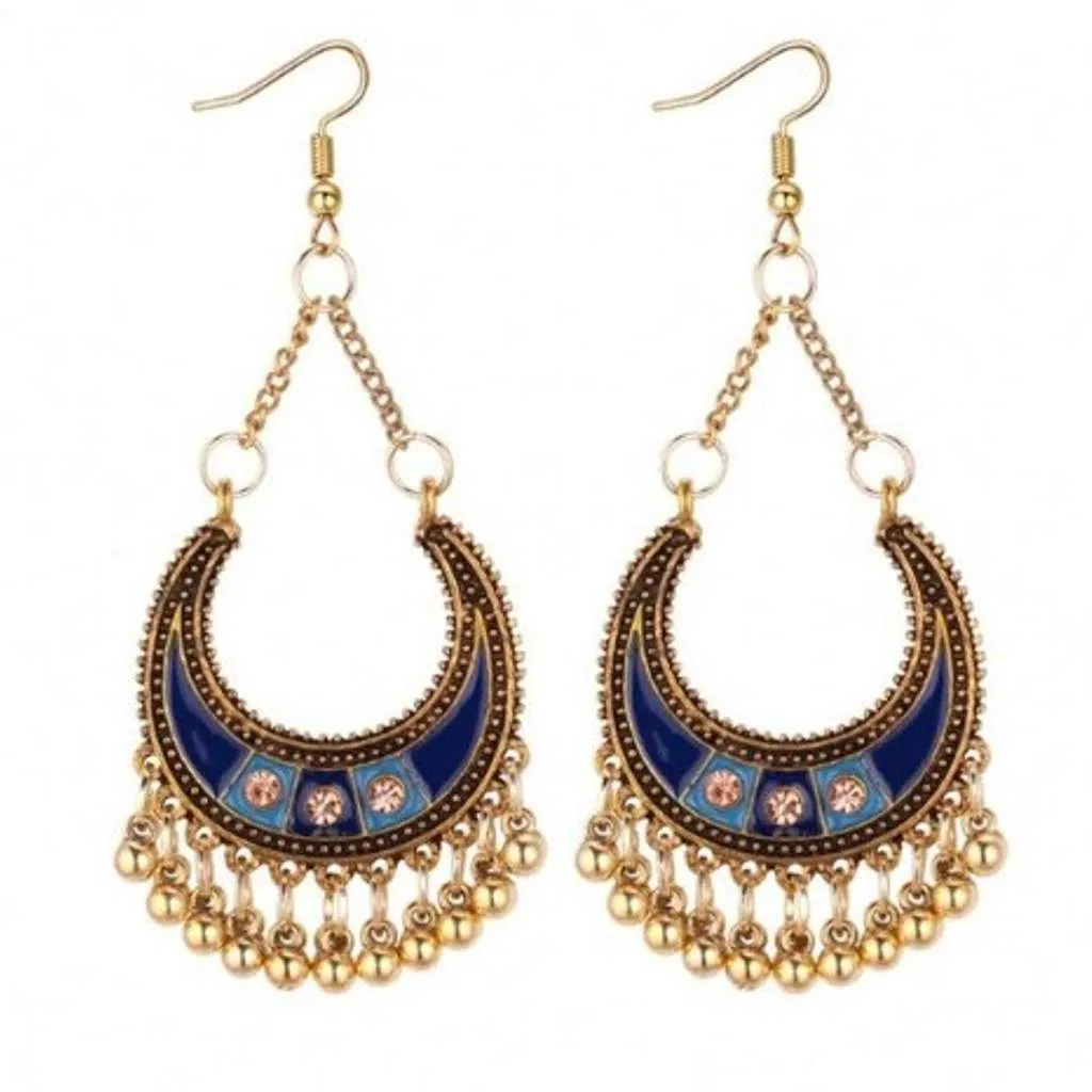 Blue Enamel and Gold Half Moon Boho Earrings