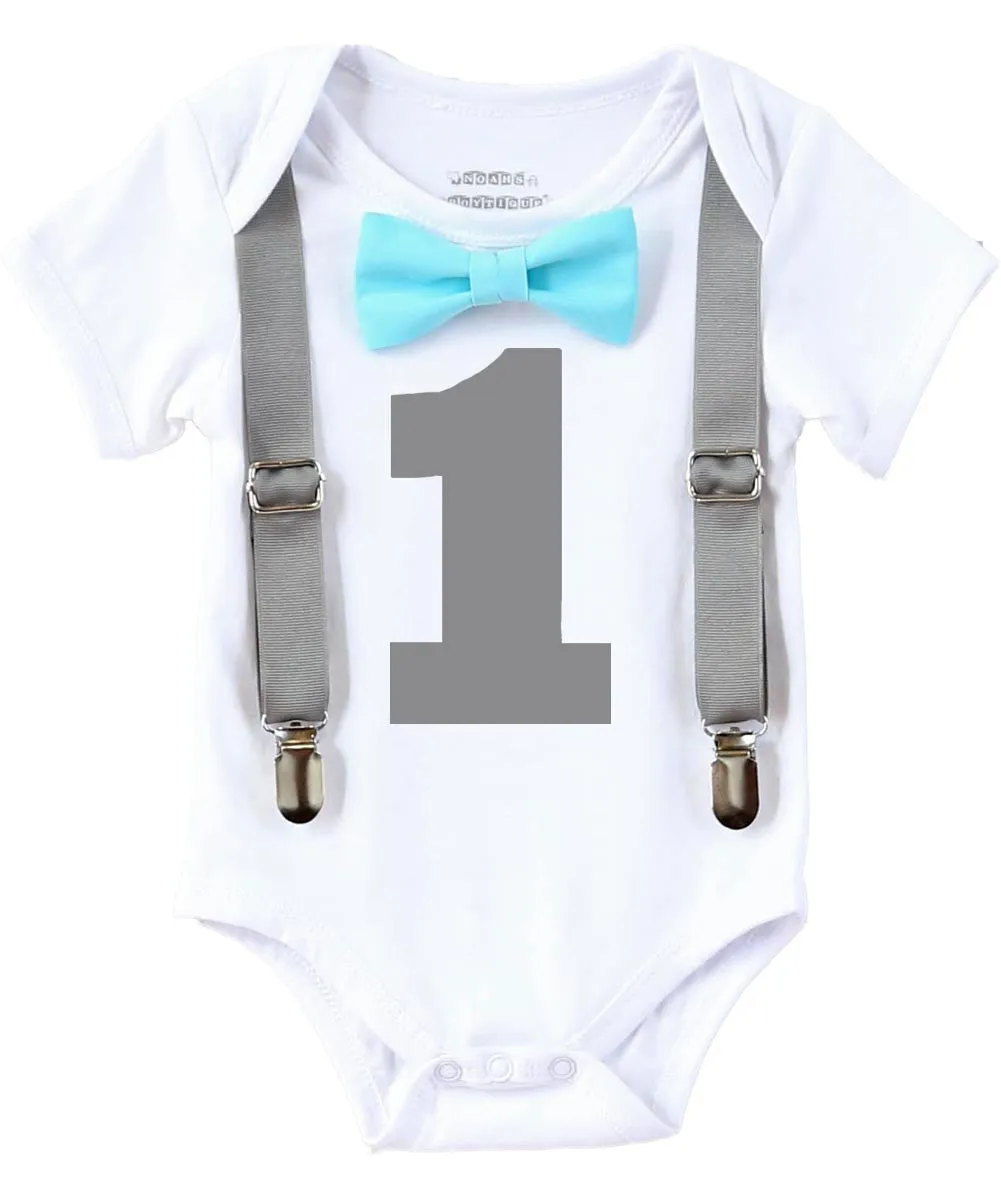 Boys First Birthday Outfit Grey and Blue Aqua 1st Birthday Shirt