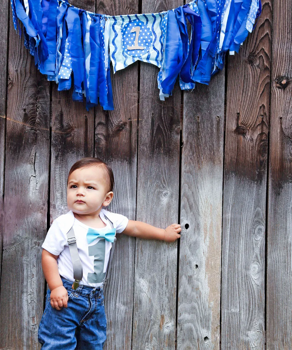 Boys First Birthday Outfit Grey and Blue Aqua 1st Birthday Shirt