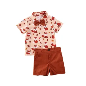 Boys Fox Print Button Up Collard Shirt with Bow Tie and Shorts Set Rust Orange