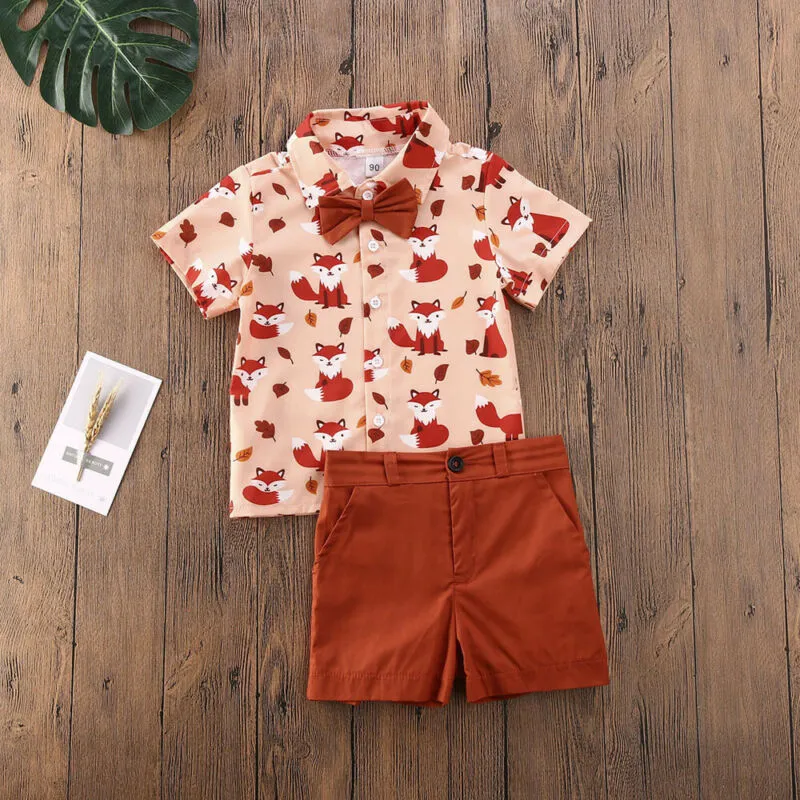 Boys Fox Print Button Up Collard Shirt with Bow Tie and Shorts Set Rust Orange