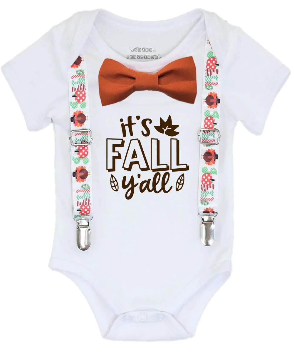 Boys Thanksgiving Shirt Fall Ya'll with Bow Tie and Gobble Suspenders