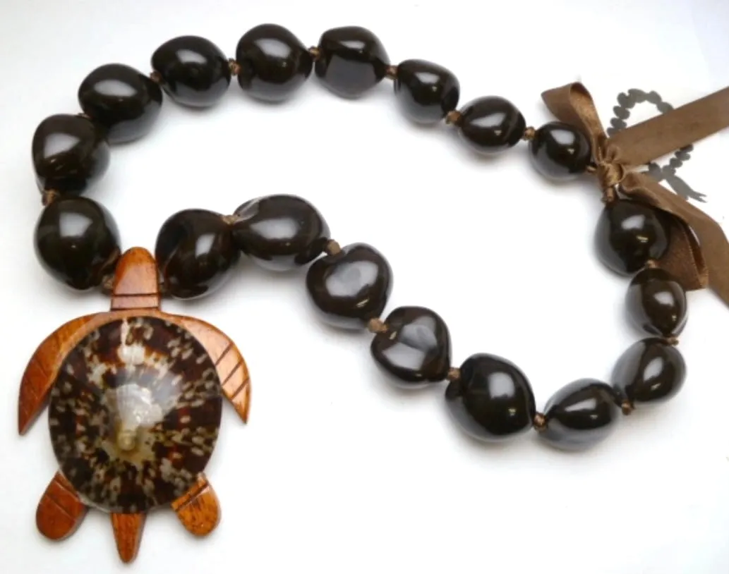 Brown Kukui with Wood & Opihi Shell Turtle Pendant