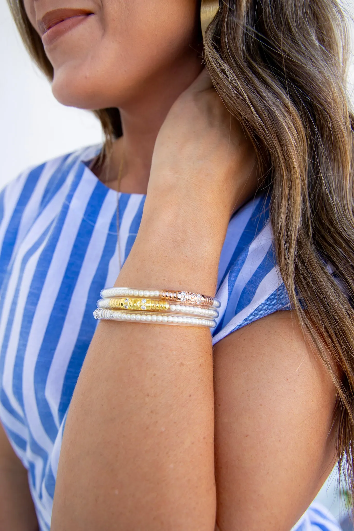 Set of 3 White Pearl BudhaGirl Three Queens Bangles