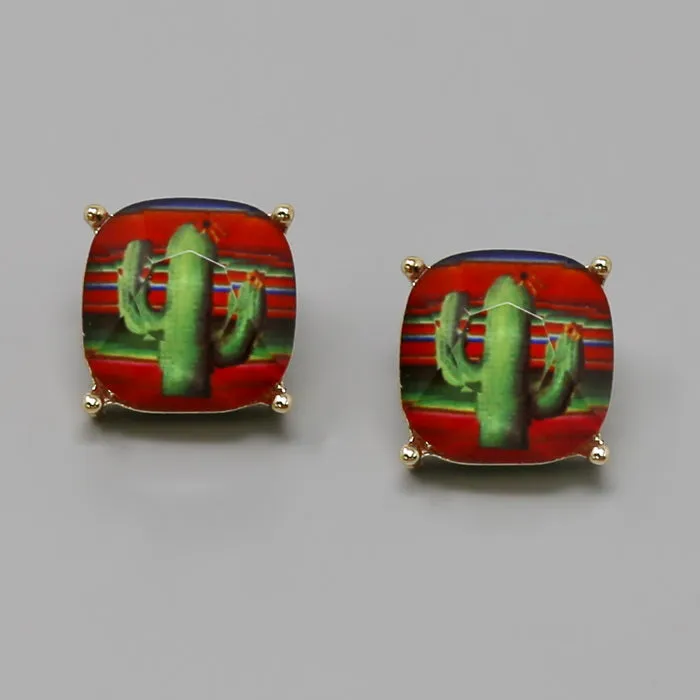 Cactus Square Glass Stone Stud Earrings