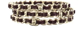 Chanel 12P 2012 Spring Set of 3 Chain Leather CC Brown Bracelet Bangles