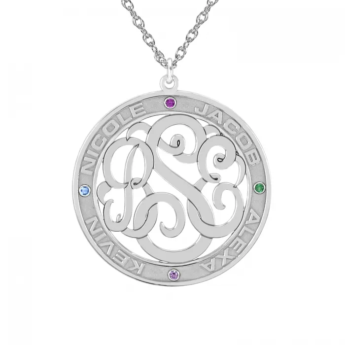 Classic Border Cutout Monogram Mothers Birthstone Necklace