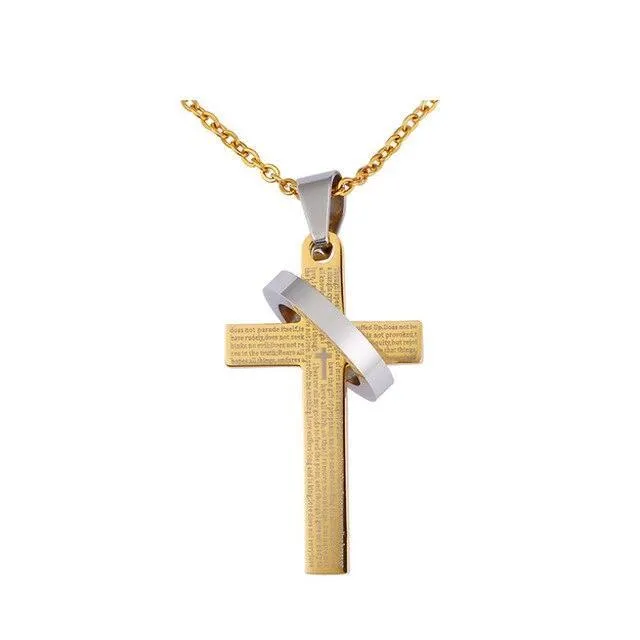 Classic Cross Pendant with Silver Ring and Prayer Engraving Necklace