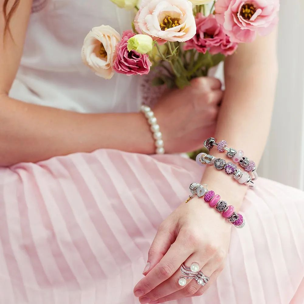 Classic Round Imitation White Pink Pearl Strand Stretch Bracelet Set 8,10,12MM