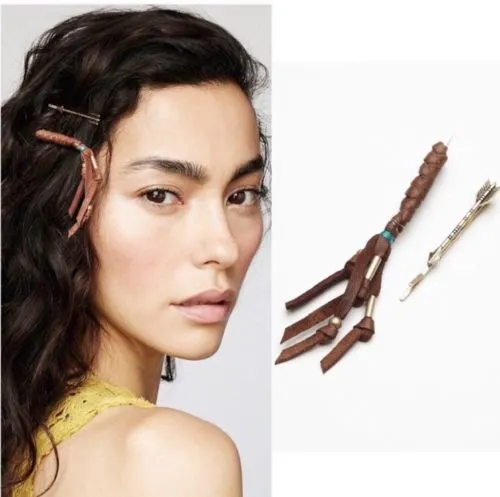 Coyote 2 Pc Bobby Pin Set Camel Brown Braided Leather Fringe Turquoise & Gold Beaded & Arrow Hair Pin