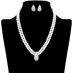 Crystal Pave Teardrop Accented Pearl Necklace