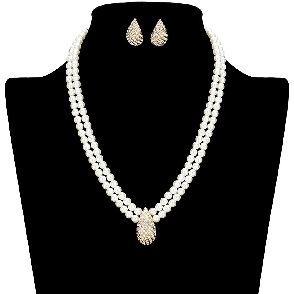 Crystal Pave Teardrop Accented Pearl Necklace