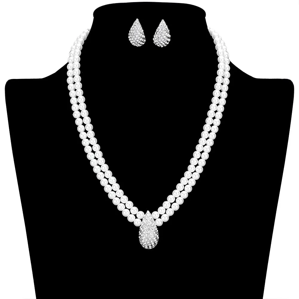 Crystal Pave Teardrop Accented Pearl Necklace