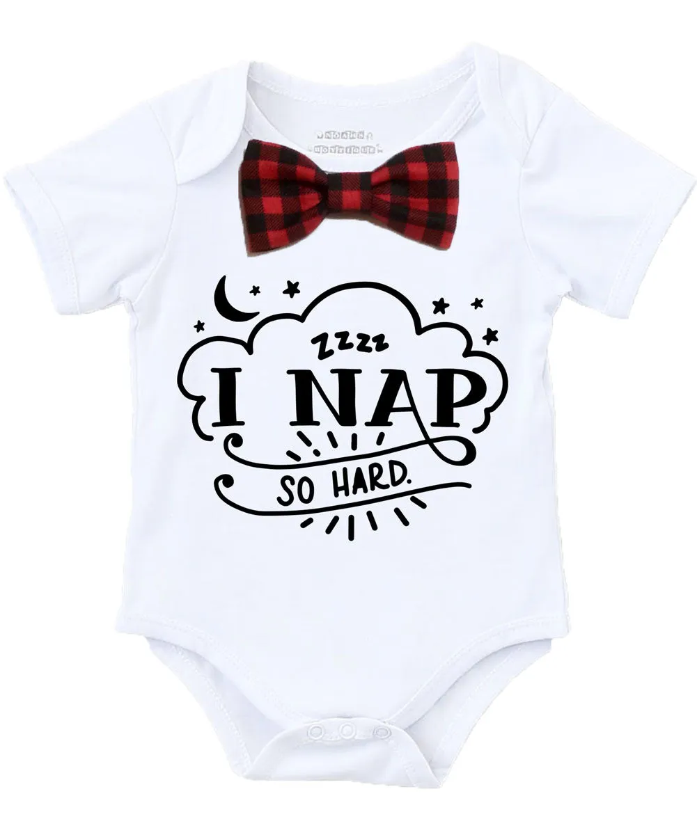 Cute Baby Boy Clothes I Nap So Hard Buffalo Plaid Bow Tie