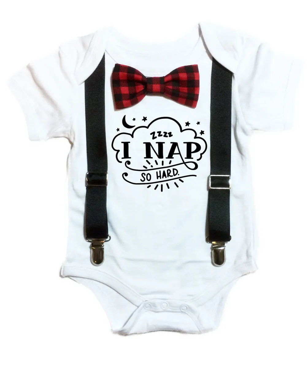 Cute Baby Boy Clothes I Nap So Hard Buffalo Plaid Bow Tie