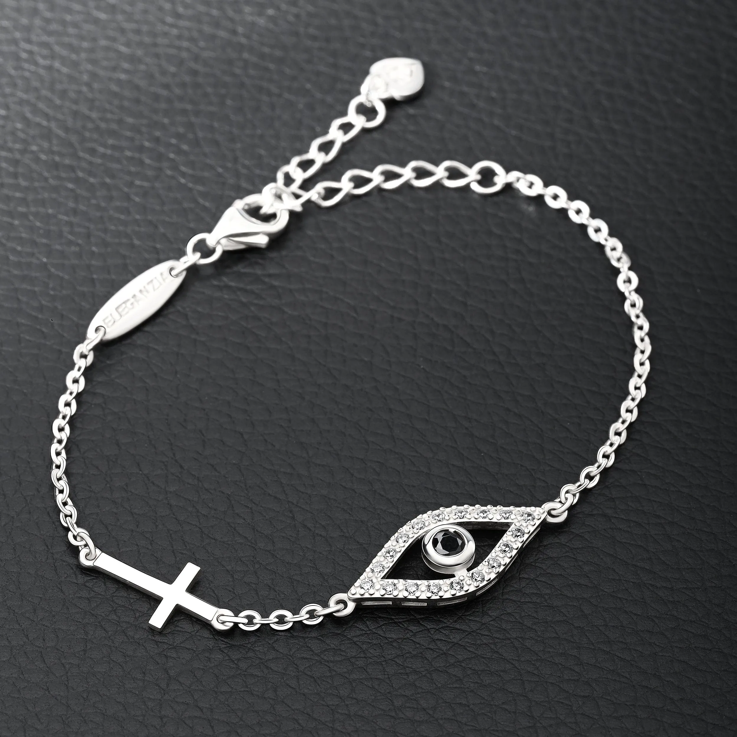 CZ Evil Eye Bracelet with Sterling Silver Cross Charm