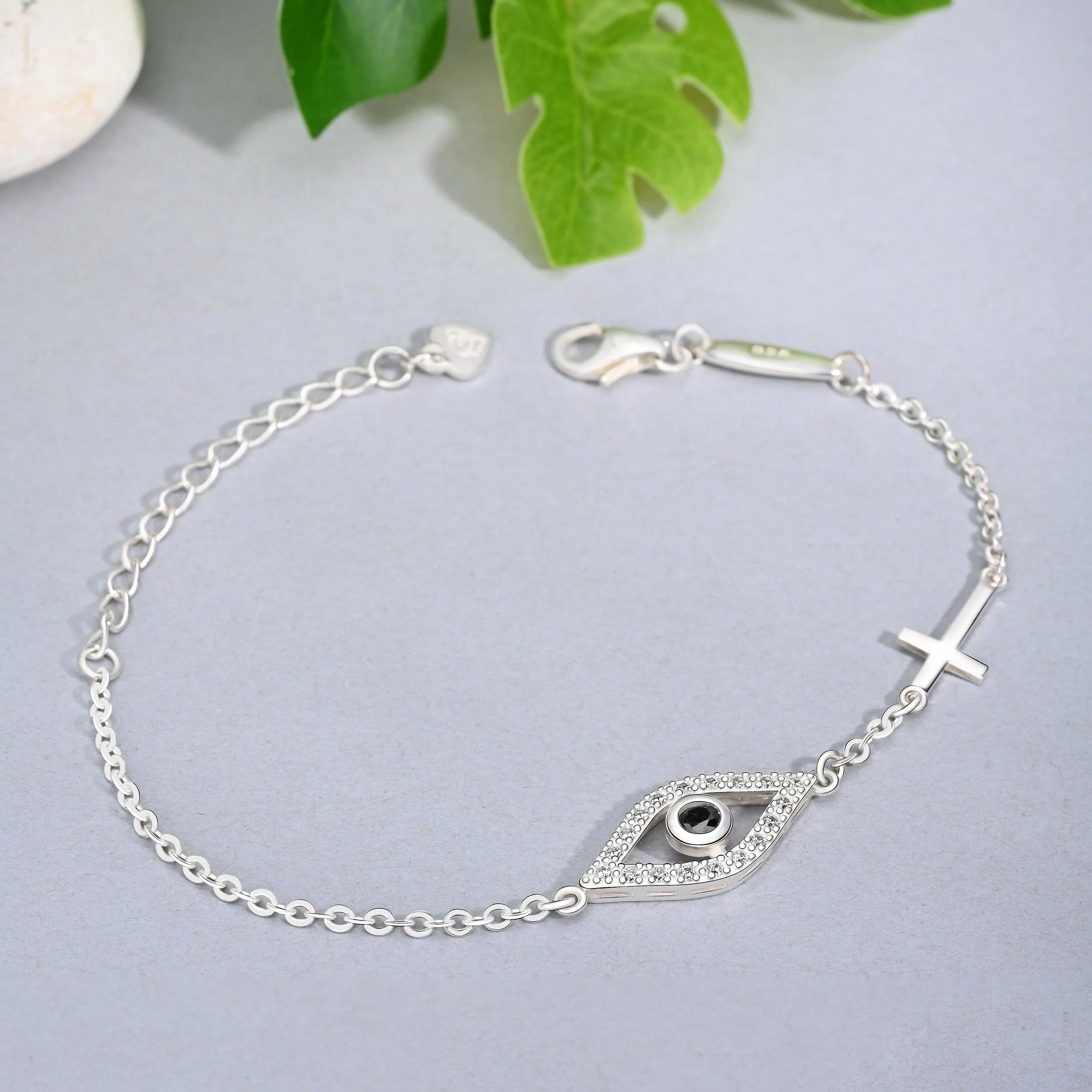 CZ Evil Eye Bracelet with Sterling Silver Cross Charm